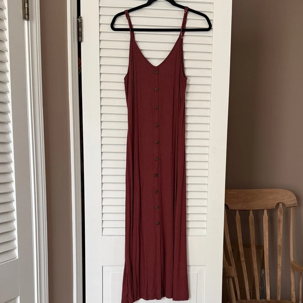 LOFT Maroon Ribbed Maxi Dress Button Front Midi Sleeveless Sundress Large - Picture 4 of 8